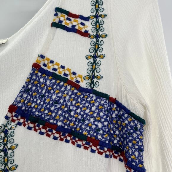 JACHS GIRLFRIEND White Peasant Blue Embroider Bodice V-neck Long Sleeve Top XS - Picture 6 of 13